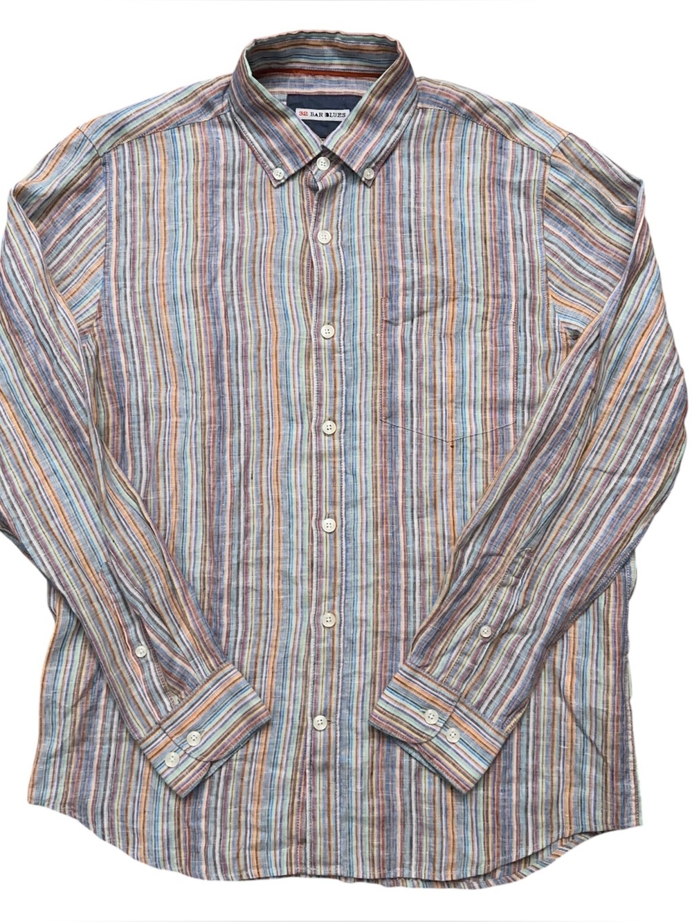 32 Bar Blues Shirt Mens Size M Long Sleeve Pocket 100% Linen Multicolor Striped